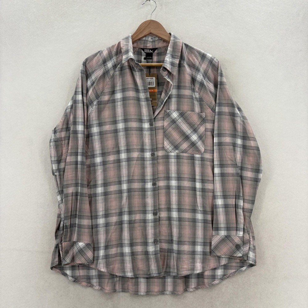 Eddie Bauer Fremont Shirt Womens M Pale Mauve Plaid Button Up Tencel Cotton Camp